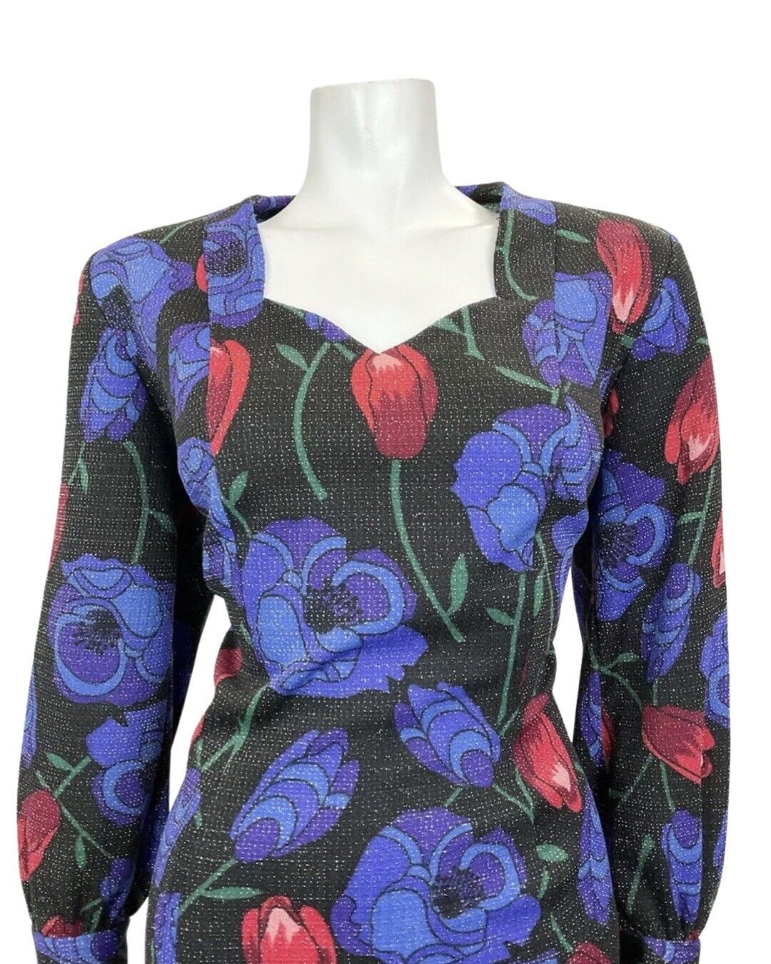 VINTAGE 60s 70s BLACK BLUE RED FLORAL ROSE TULIP LUREX PARTY GLAM DRESS 16 18