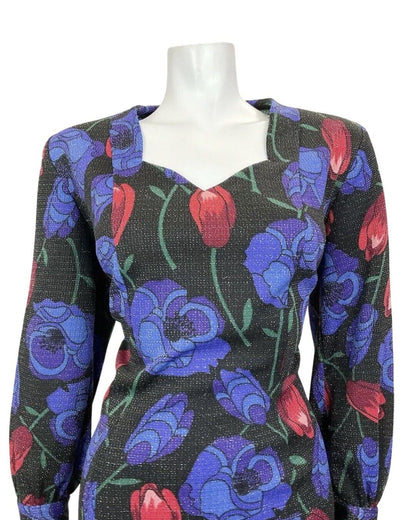 VINTAGE 60s 70s BLACK BLUE RED FLORAL ROSE TULIP LUREX PARTY GLAM DRESS 16 18