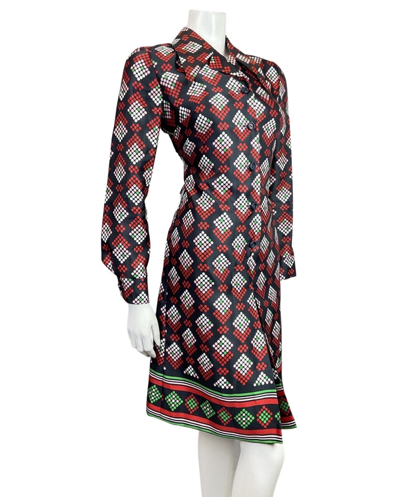VINTAGE 60s 70s BLACK RED GREEN DOTTY GEOMETRIC DAGGER COLLAR SHIRT DRESS 12