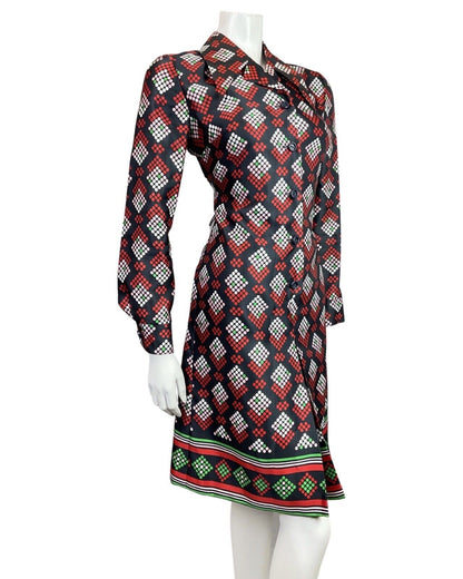 VINTAGE 60s 70s BLACK RED GREEN DOTTY GEOMETRIC DAGGER COLLAR SHIRT DRESS 12