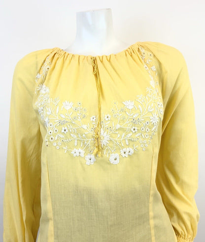 VINTAGE 60s 70s YELLOW WHITE FLORAL ANGLAISE EMBROIDERY BOHO FOLK BLOUSE 14 16