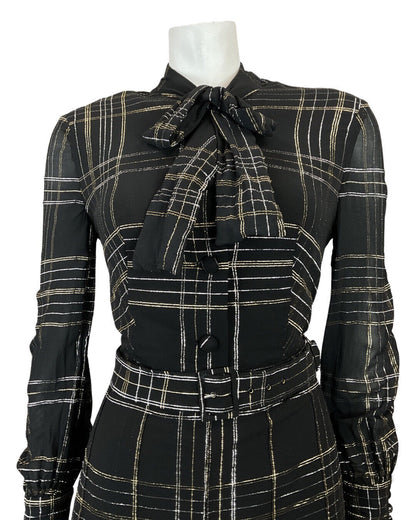VINTAGE 60s 70s BLACK GOLD SILVER CHECKED MOD SHEER PUSSYBOW SHIRT DRESS 12