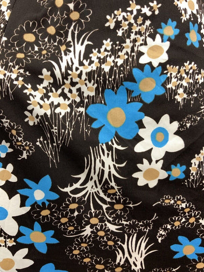 VINTAGE 60s 70s DARK BROWN WHITE BLUE FLORAL DAISY SUMMER DRESS 12