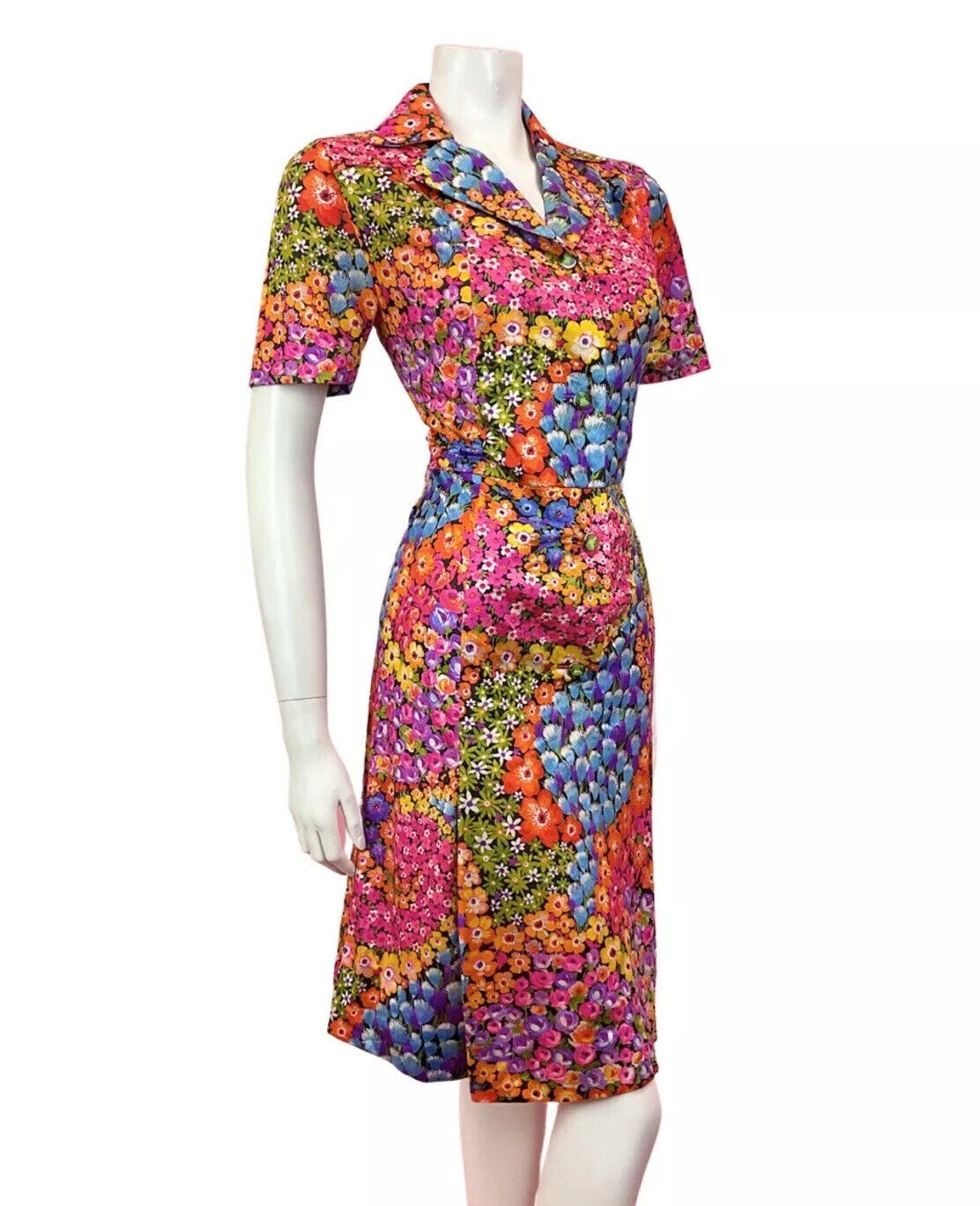 VINTAGE 60s 70s PINK BLUE ORANGE PSYCHEDELIC FLORAL SWIRL SHIRT DRESS 12 14