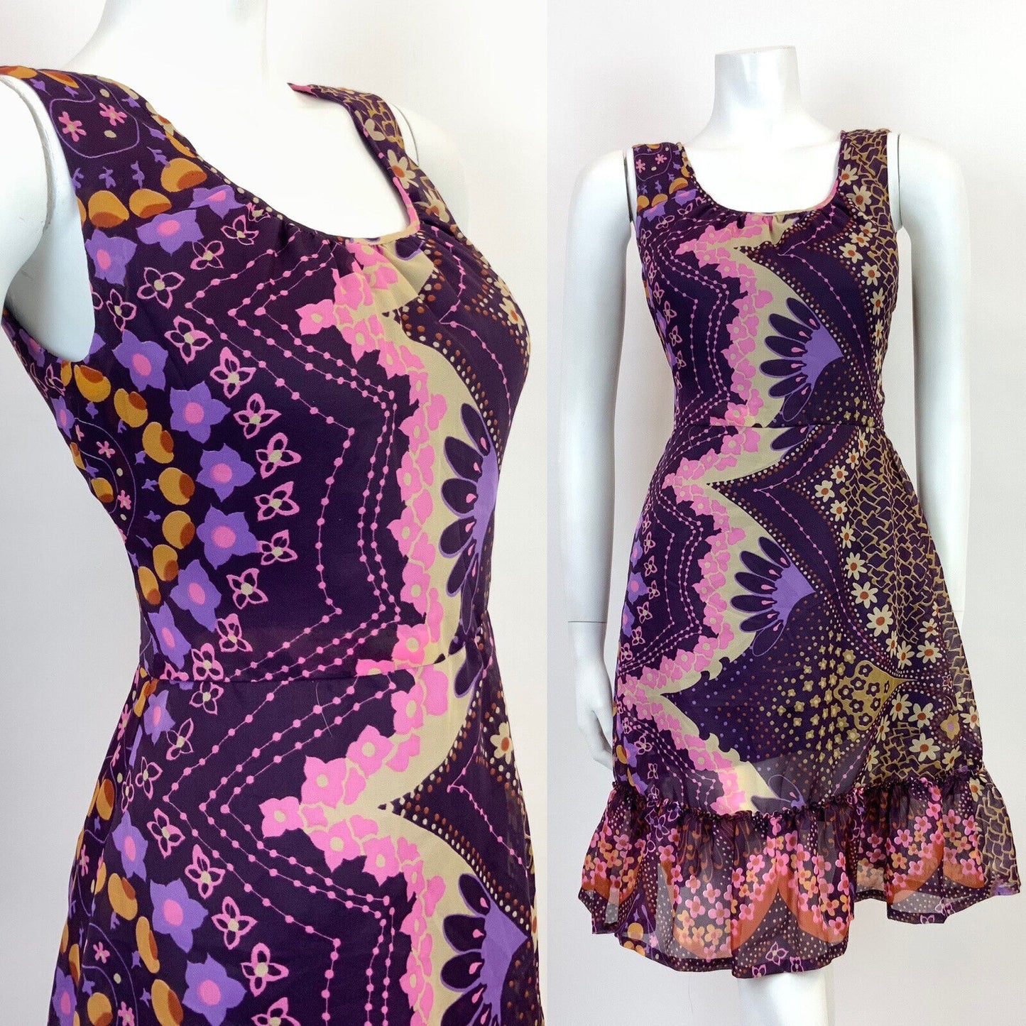 VINTAGE 60s 70s PURPLE PINK CREAM PSYCHEDELIC FLORAL SHEER MOD DRESS 10