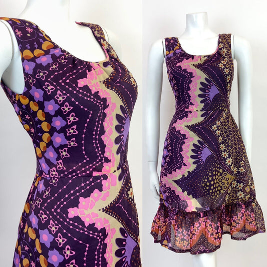 VINTAGE 60s 70s PURPLE PINK CREAM PSYCHEDELIC FLORAL SHEER MOD DRESS 10