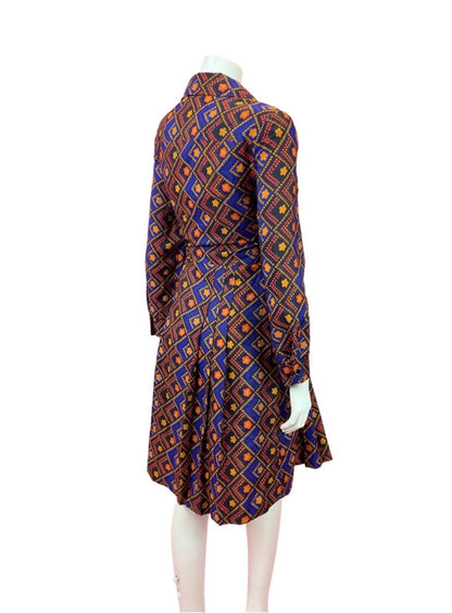 VTG 60s 70s BLUE YELLOW RED FLORAL DAISY CHECKED MOD DAGGER SHIRT DRESS 14 16