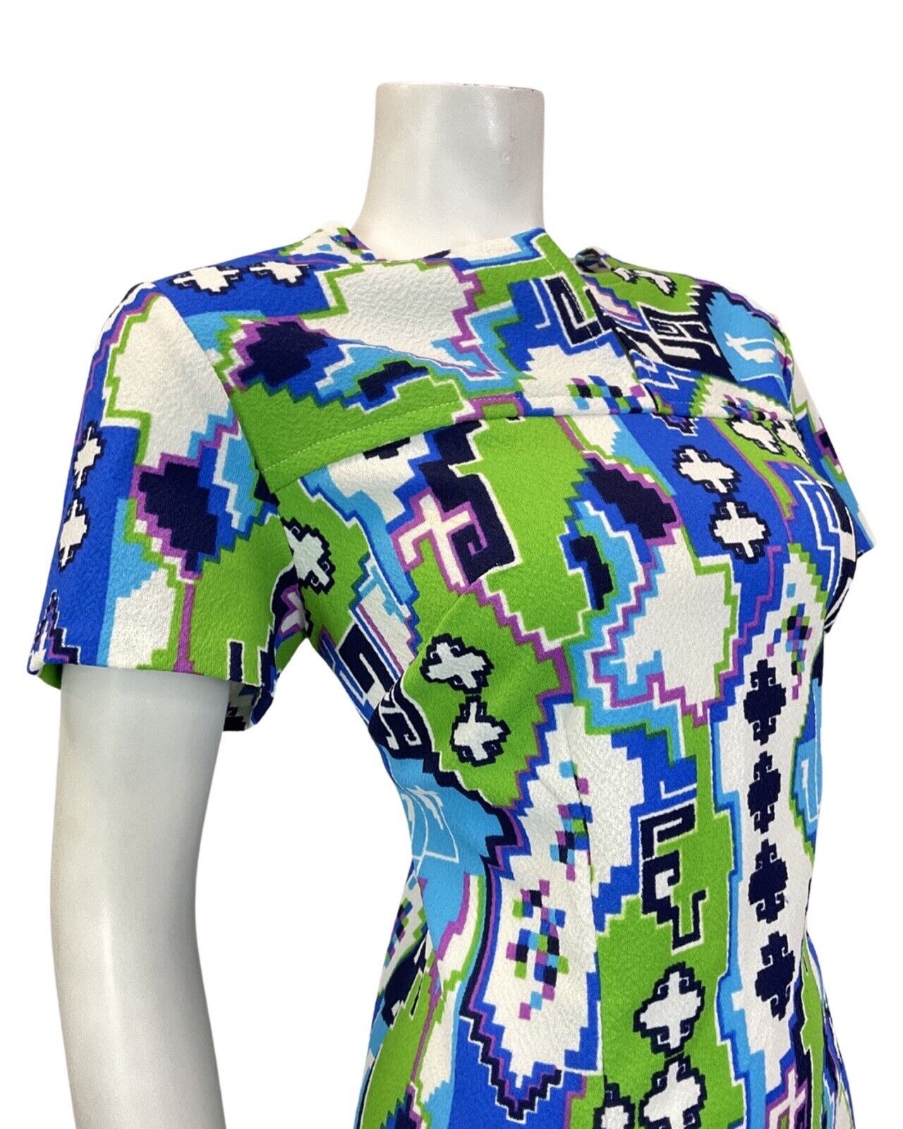 VINTAGE 60s 70s BLUE GREEN WHITE GEOMETRIC PSYCHEDELIC PIXEL MOD DRESS 14 16