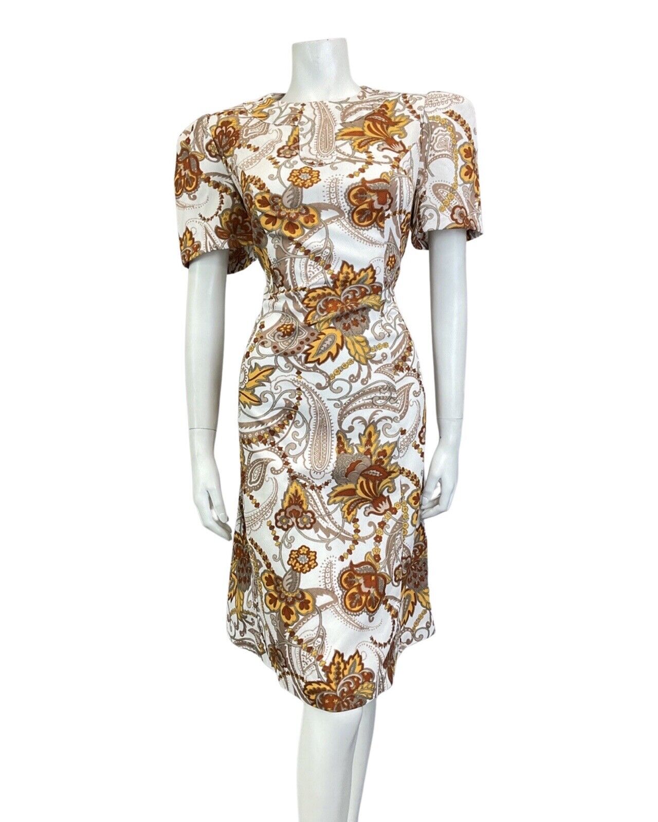 VINTAGE 60s 70s BROWN WHITE YELLOW PSYCHEDELIC PAISLEY FLOWER A-LINE DRESS 14 16