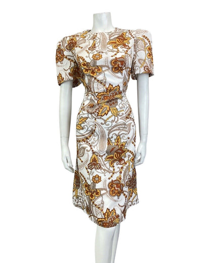VINTAGE 60s 70s BROWN WHITE YELLOW PSYCHEDELIC PAISLEY FLOWER A-LINE DRESS 14 16
