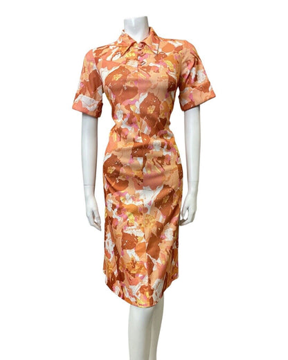 VINTAGE 60s 70s ORANGE PINK BROWN PSYCHEDELIC FLORAL LEAF DAGGER SHIRT DRESS 14
