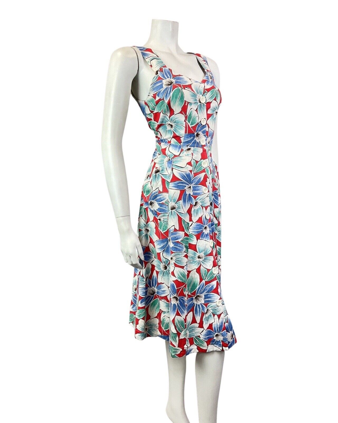 VINTAGE 70s 80s BLUE RED GREEN FLORAL SUMMER SWING SUN-DRESS 10