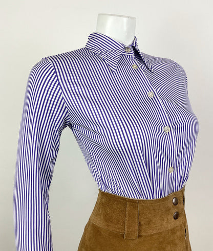 VINTAGE 60s 70s PURPLE WHITE STRIPED MOD DAGGER SHIRT BLOUSE 8