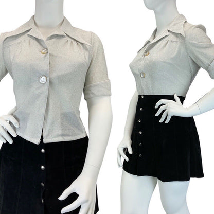 VINTAGE 60s 70s SILVER GLITTER MOD DISCO STUDIO 54 DAGGER COLLAR SHIRT 16 18