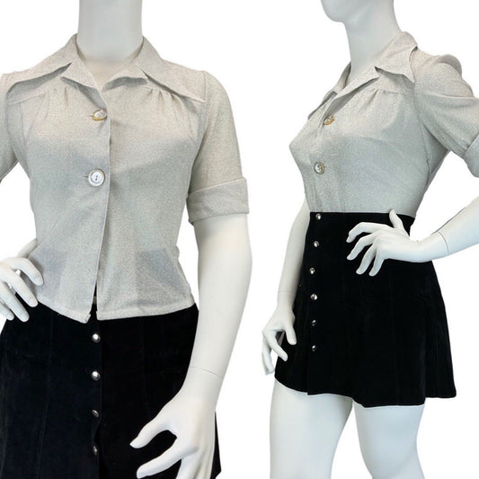 VINTAGE 60s 70s SILVER GLITTER MOD DISCO STUDIO 54 DAGGER COLLAR SHIRT 16 18