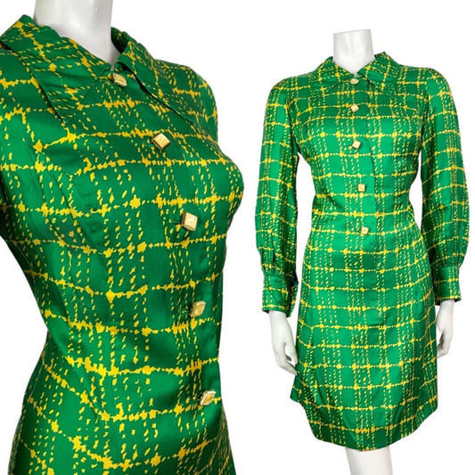 VINTAGE 60s 70s GREEN YELLOW CHECKED MOD DAGGER COLLAR SHIRT DRESS 12 14