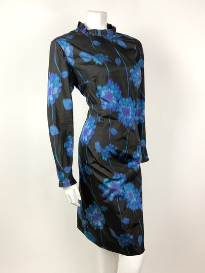 VINTAGE 60s 70s BLACK BLUE PURPLE FLORAL PSYCHEDELIC RUFFLE COLLAR DRESS 14 16