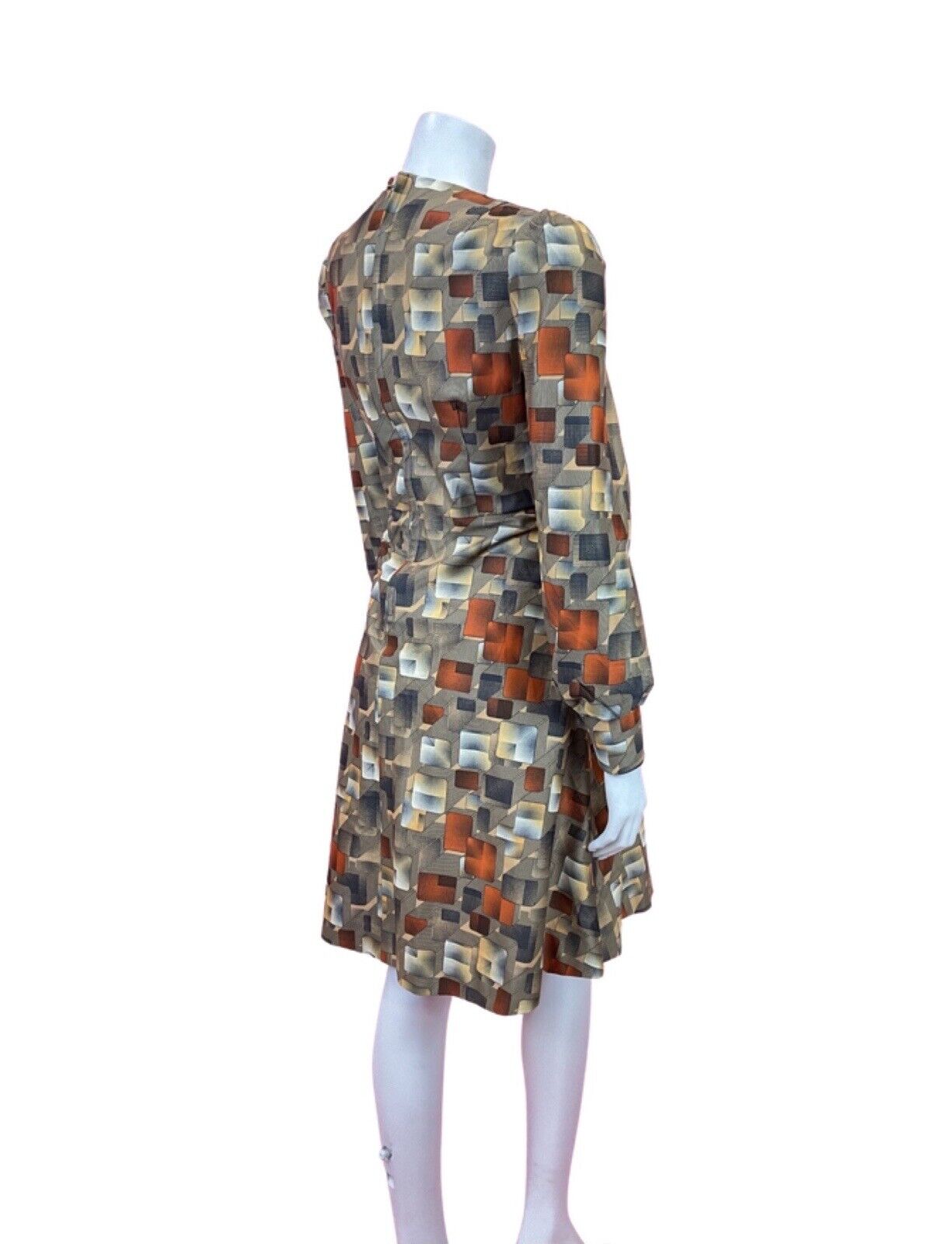 VINTAGE 60s 70s YELLOW BLACK ORANGE GEOMETRIC GRID CHECKED DRESS 10 12