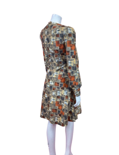 VINTAGE 60s 70s YELLOW BLACK ORANGE GEOMETRIC GRID CHECKED DRESS 10 12