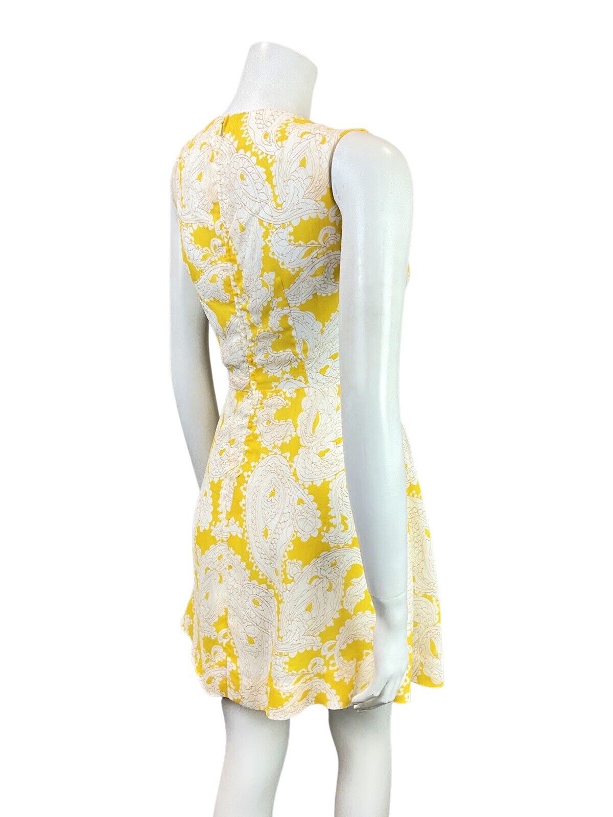 VINTAGE 60s 70s SUNSHINE YELLOW WHITE FLORAL PAISLEY MOD SLEEVELESS DRESS 10 12