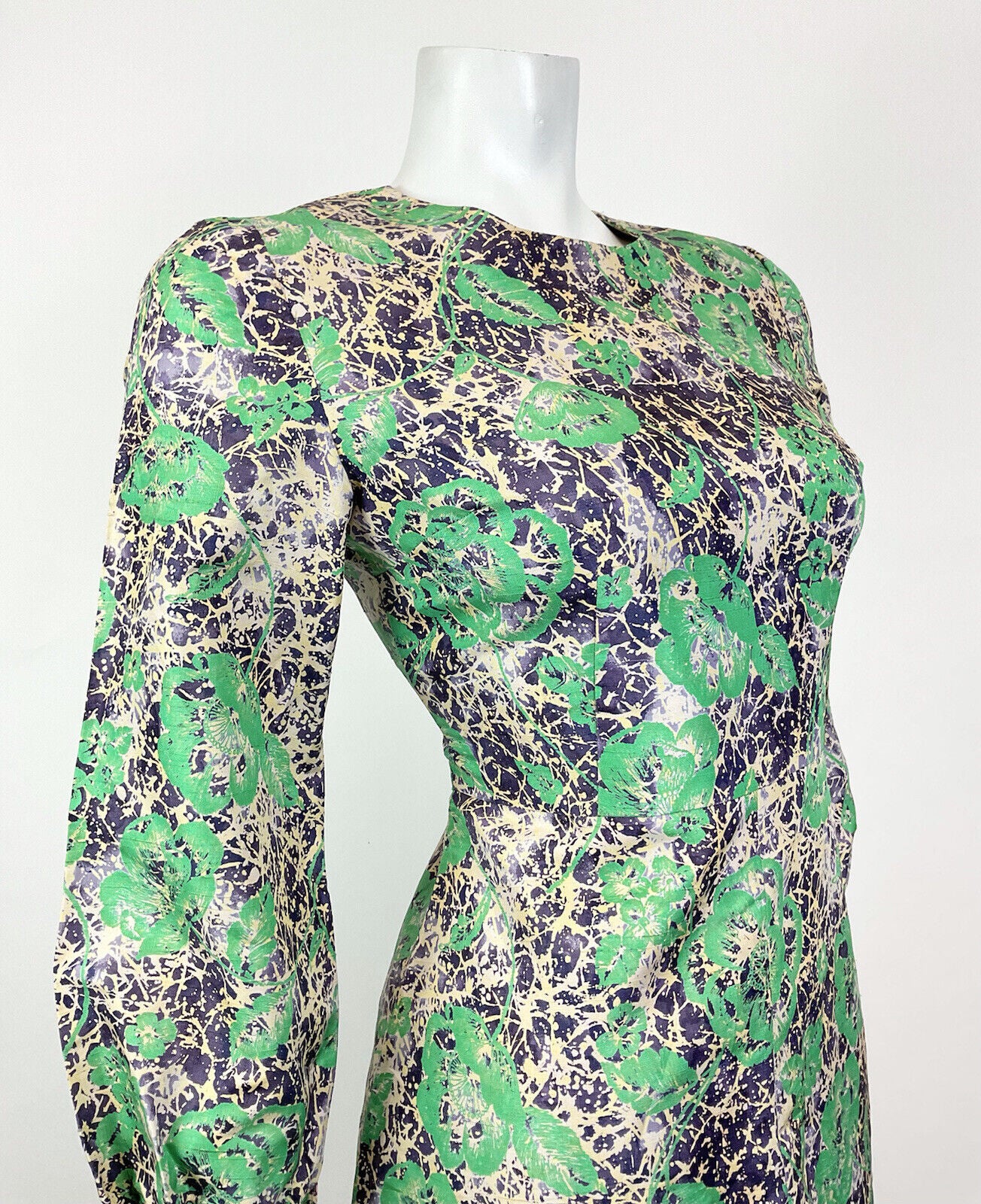 VINTAGE 60s STYLE 90s GREEN PURPLE CREAM PSYCHEDELIC FLORAL ROSE MOD DRESS 8 10