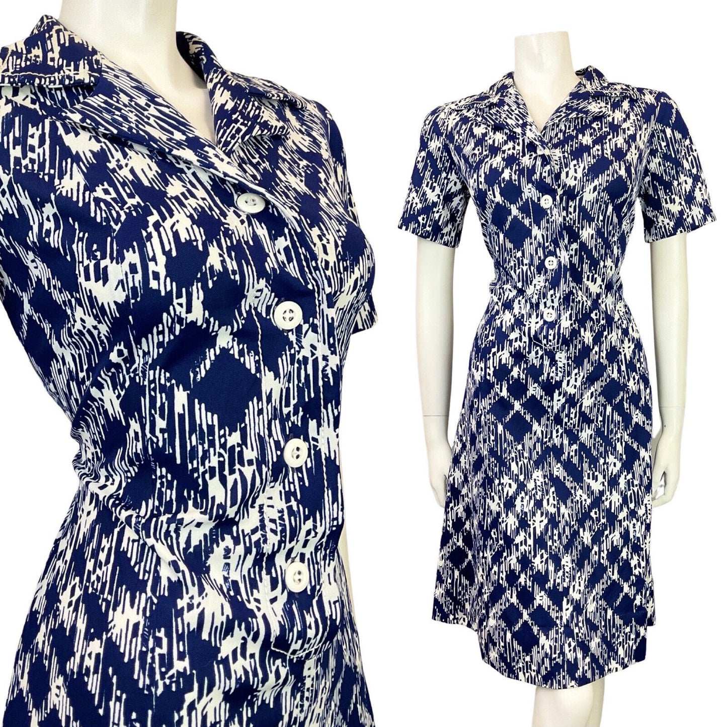 VINTAGE 60s 70s NAVY BLUE WHITE PSYCHEDELIC CHECKED PLAID DAGGER SHIRT DRESS 12