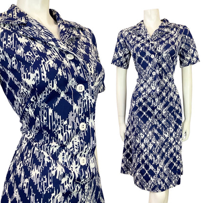 VINTAGE 60s 70s NAVY BLUE WHITE PSYCHEDELIC CHECKED PLAID DAGGER SHIRT DRESS 12