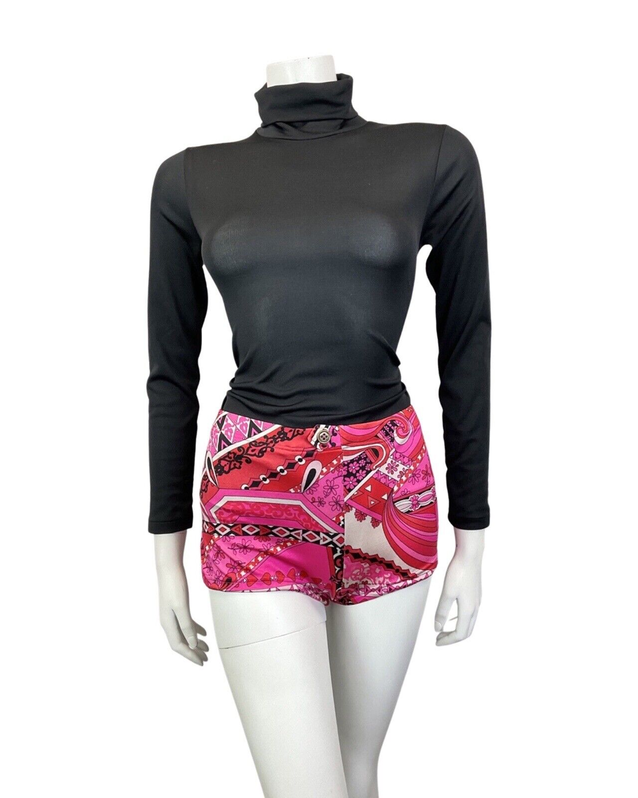 VINTAGE 60s 70s PINK RED BLACK PSYCHEDELIC FLORAL HIGH-WAISTED SWIM SHORTS 16