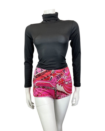 VINTAGE 60s 70s PINK RED BLACK PSYCHEDELIC FLORAL HIGH-WAISTED SWIM SHORTS 16