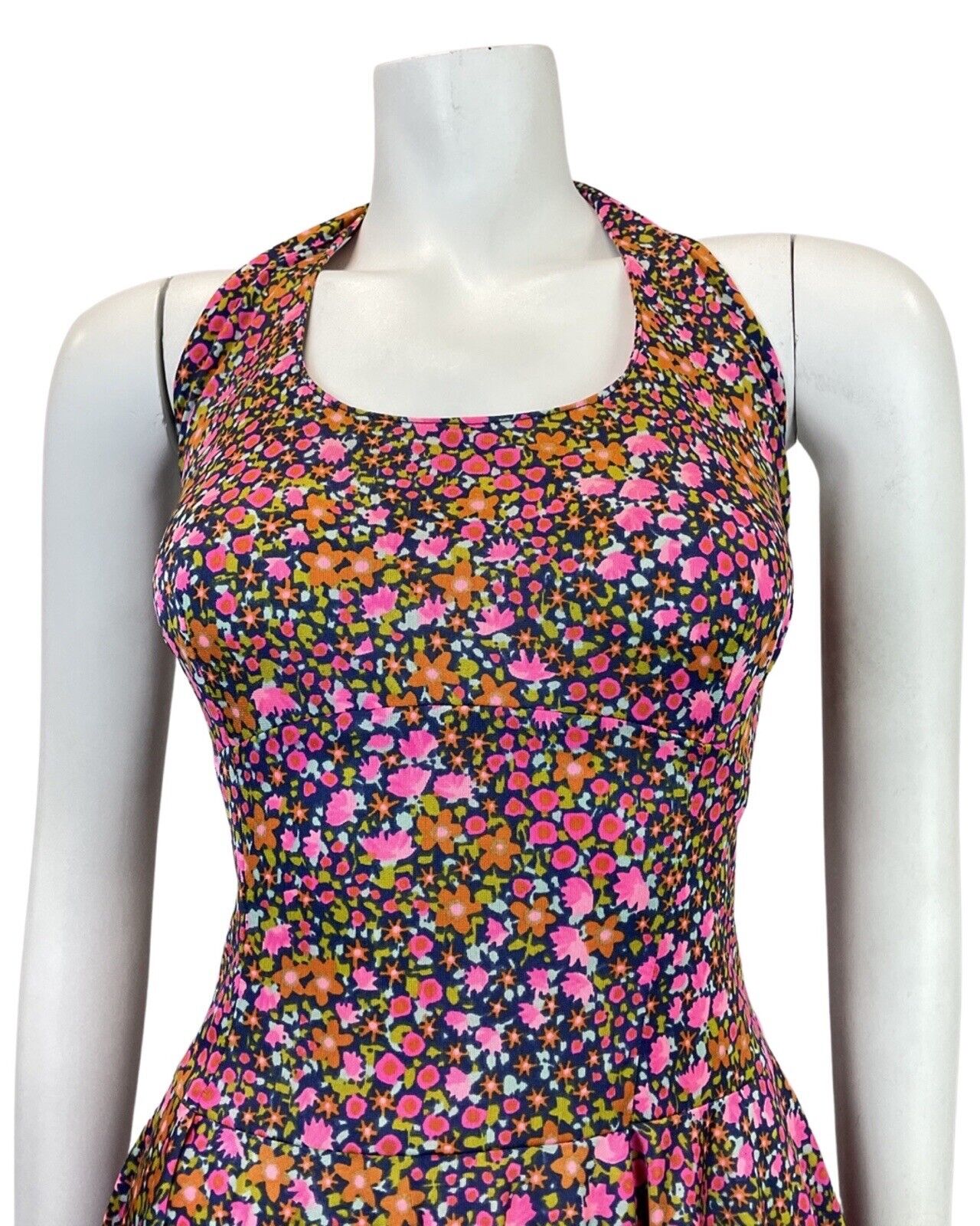 VINTAGE 60s 70s BLUE PINK GREEN DITSY FLOWER HALTER SUMMER SWING DRESS 8 10