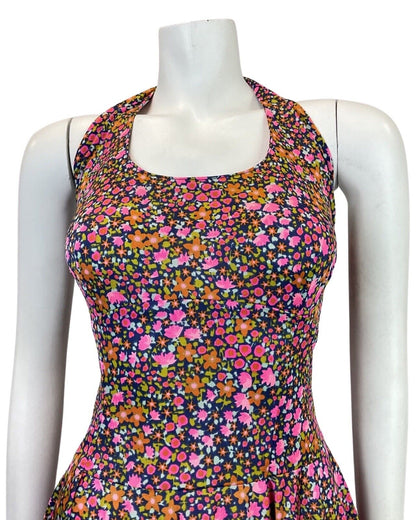 VINTAGE 60s 70s BLUE PINK GREEN DITSY FLOWER HALTER SUMMER SWING DRESS 8 10