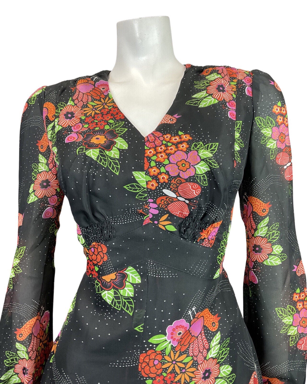 VTG 60s 70s BLACK PINK GREEN FLORAL BIRD BUTTERFLY SHEER SWING DRESS 12
