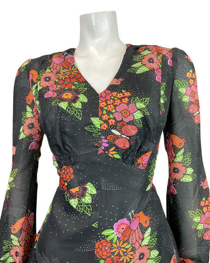 VTG 60s 70s BLACK PINK GREEN FLORAL BIRD BUTTERFLY SHEER SWING DRESS 12