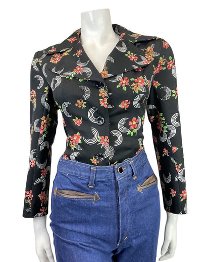 VINTAGE 60s 70s BLACK WHITE RED FLORAL CIRCULAR MOD SHIRT 12 14