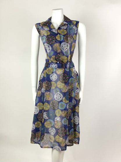 VINTAGE 60s 70s BLUE BLUE PINK GREEN DOTTY FLORAL MANDALA SHEER SUMMER DRESS 12