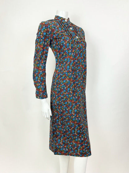 VINTAGE 60s 70s BLUE GREEN ORANGE DITSY FLORAL ROSE MOD SHIFT DRESS 10 12