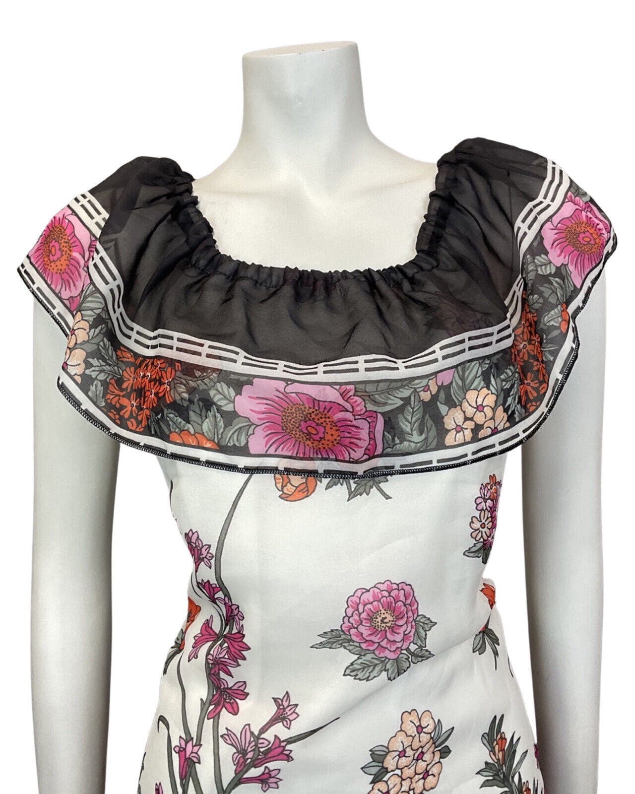 VINTAGE 60s 70s WHITE BLACK PINK FLORAL GARDEN RUFFLED SUMMER DRESS 10 12