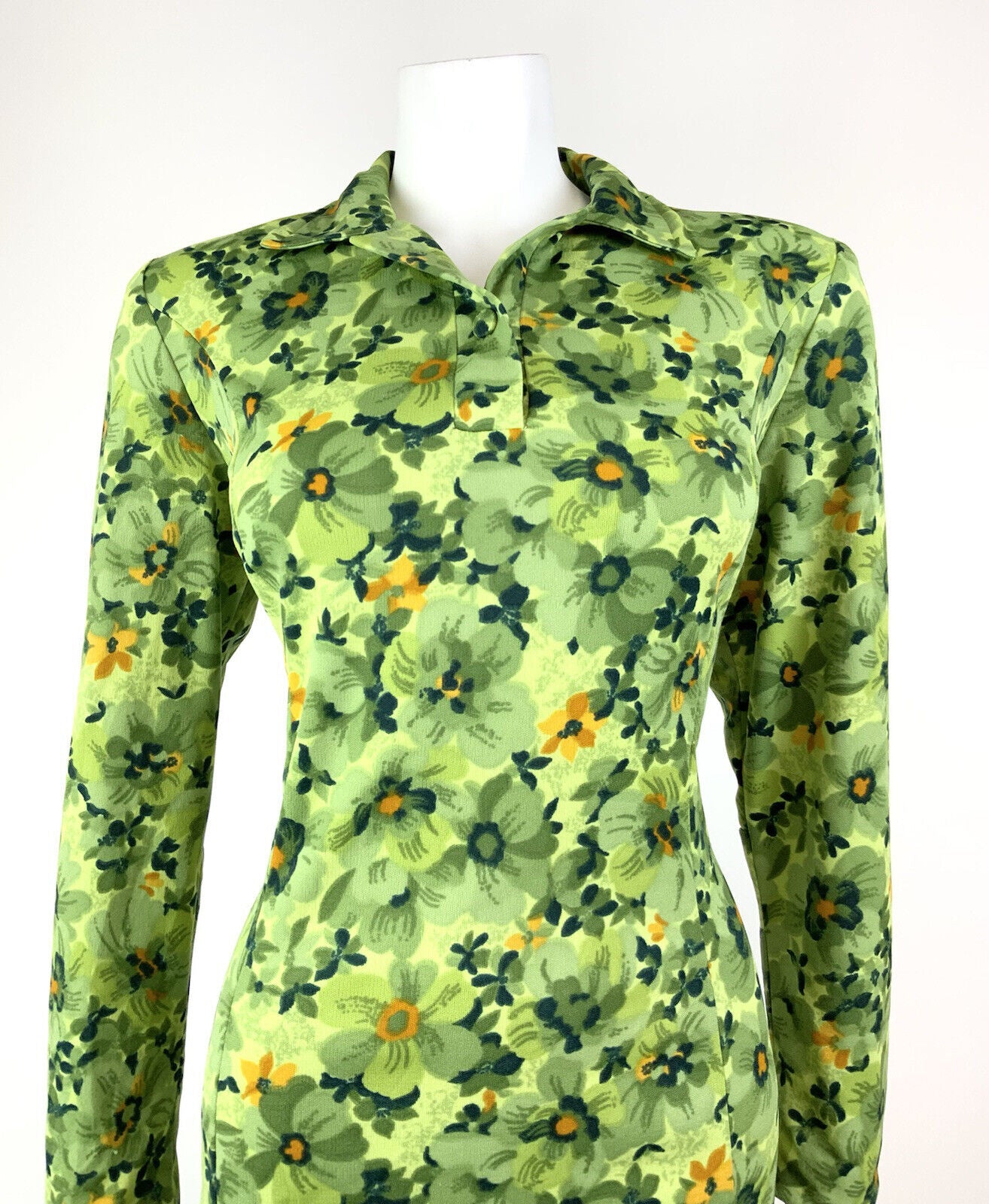 VINTAGE 60s 70s GREEN LIME ORANGE FLORAL PSYCHEDELIC MOD SHIRT DRESS 16