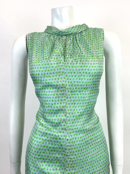 VINTAGE 60s 70s BLUE GREEN PINK GEOMETRIC SLEEVELESS MOD SHIFT DRESS 12