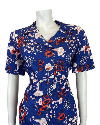 VINTAGE 60s 70s BLUE RED WHITE FLORAL PSYCHEDELIC GLITTERY MOD SHIRT DRESS 14 16