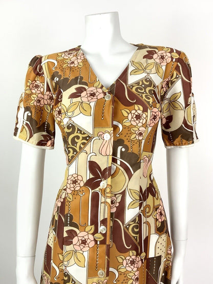 VINTAGE 60s 70s BROWN YELLOW RED PINK FLORAL GEOMETRIC BUTTONED DRESS 8 10