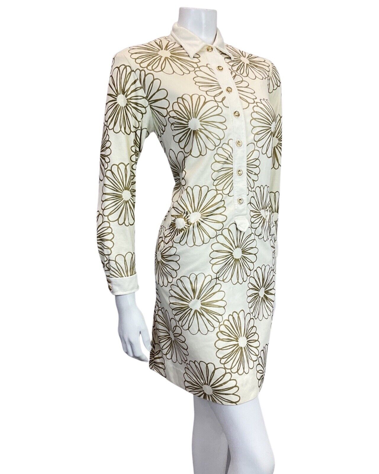 VINTAGE 60s 70s CREAM GOLD FLORAL MOD SHIRT SCOOTER DRESS 10 12