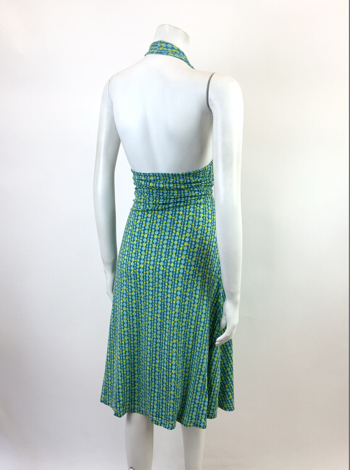 VINTAGE 60s 70s BLUE LIME GREEN OP-ART GEOMETRIC PSYCHEDELIC HALTER DRESS 10 12