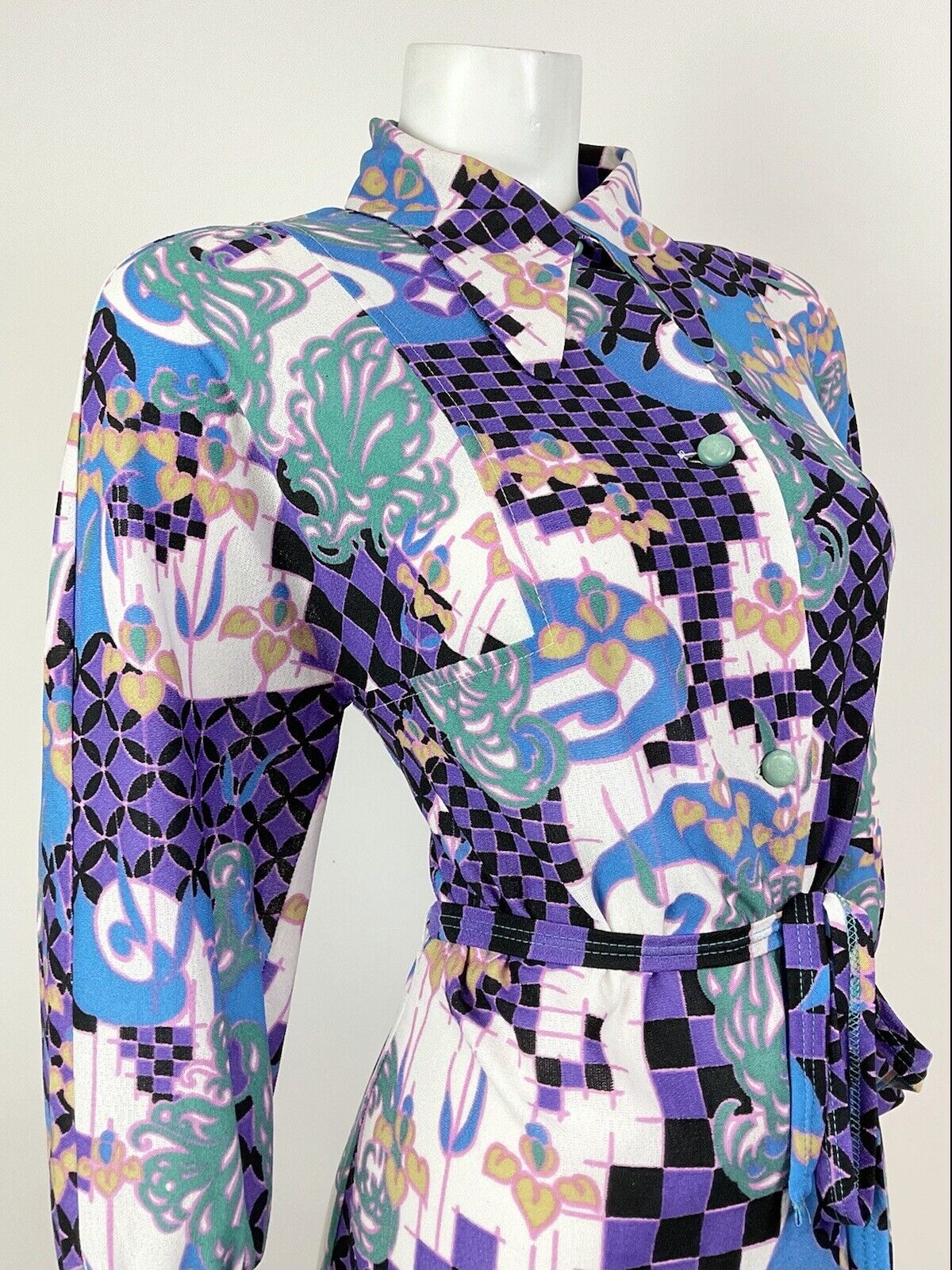 VTG 60s 70s PURPLE GREEN BLACK PSYCHEDELIC CHECKERBOARD DAGGER SHIRT DRESS 12 14
