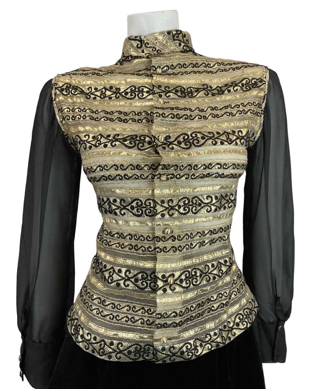 VINTAGE 60s 70s BLACK GOLD STRIPED SWIRL SHEER PARTY STUDIO 54 BLOUSE 8 10