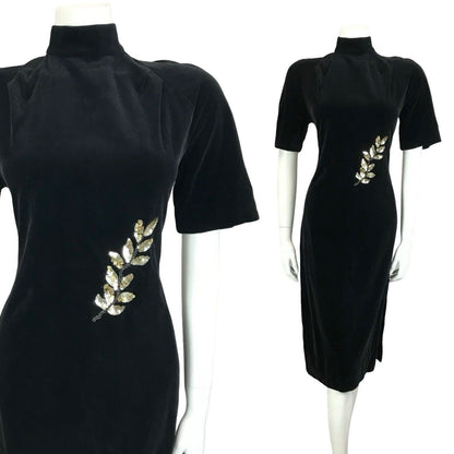 VTG 60S 70S BLACK VEVET GOLD LEAF EMBELLISHED SEQUIN BEADED MIDI PARTY DRESS 4 6