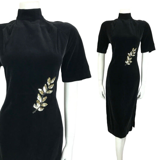 VTG 60S 70S BLACK VEVET GOLD LEAF EMBELLISHED SEQUIN BEADED MIDI PARTY DRESS 4 6