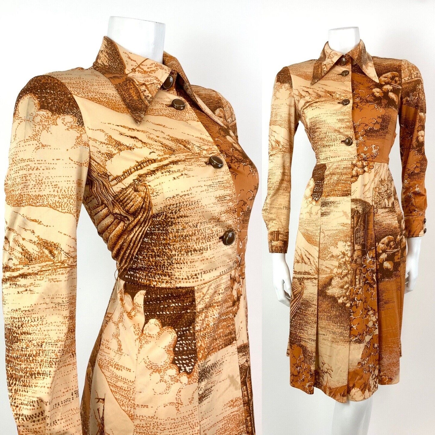 VINTAGE 60s 70s ORANGE BROWN CREAM PASTORAL FARM BOHO DAGGER SHIRT DRESS 8 10