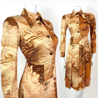 VINTAGE 60s 70s ORANGE BROWN CREAM PASTORAL FARM BOHO DAGGER SHIRT DRESS 8 10