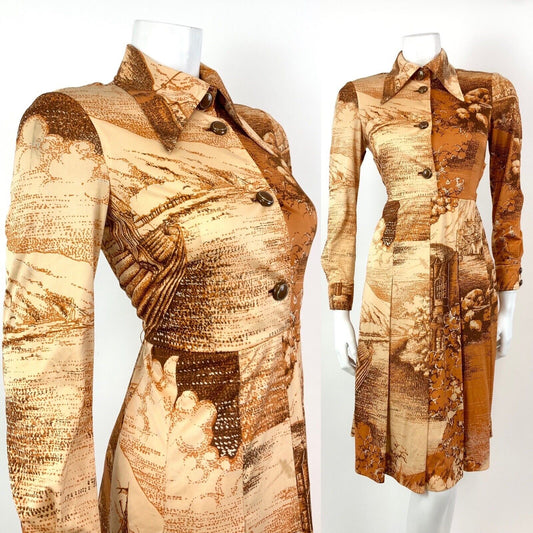 VINTAGE 60s 70s ORANGE BROWN CREAM PASTORAL FARM BOHO DAGGER SHIRT DRESS 8 10